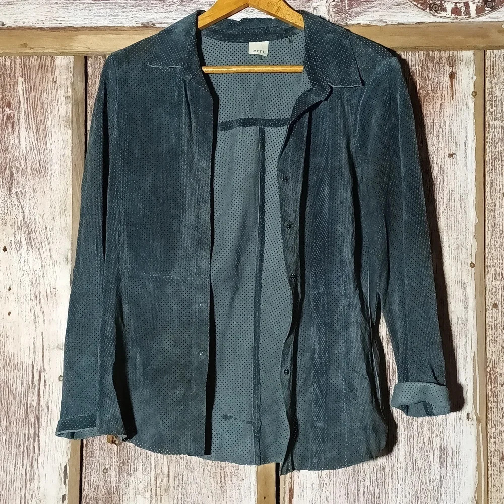 Ecru suede perforated fitted snap bluish gray soft pliable western street wear s - Picture 4 of 16
